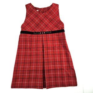 OshKosh Dress Girls 5 Red Plaid Sleeveless Velvet Floral Trim Holiday Party
